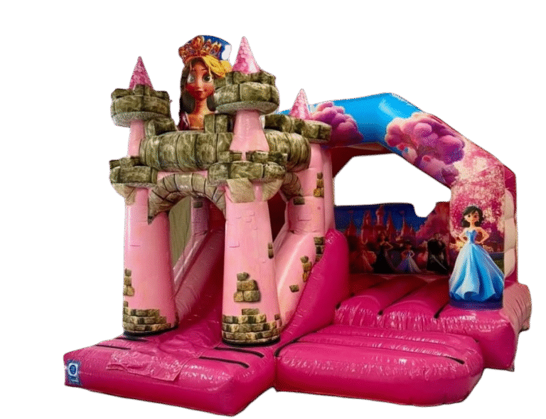 3D Princess Combi bouncy castle with slide for hire in Manchester